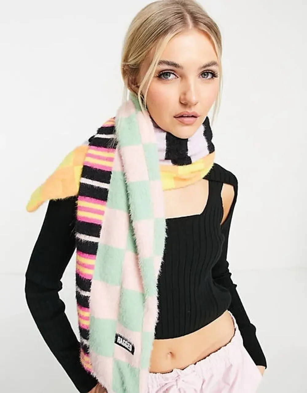 Ragged Priest Fuzzy Patchwork Scarf Multicolor Striped Checkered NWT